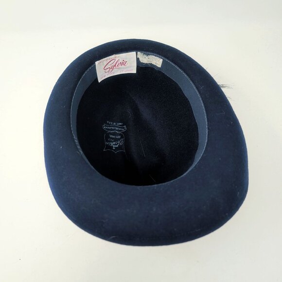 Vintage Silvia Hat Felt Stiff Blue Felt Feather Breton - Picture 7 of 11